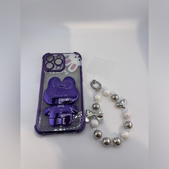 iPhone 16 Pro Max Case – Glitter Bunny Design with 3D Bear & Beaded Chain - Picture 3 of 7